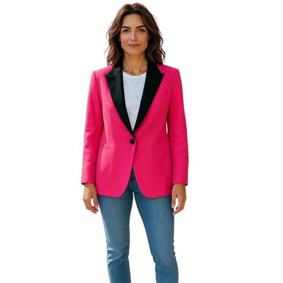 Christian Dior 100% Wool Blazer Jacket Hot Pink Fuchsia Black Collar Women's 12 - Picture 1 of 5